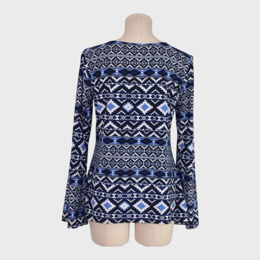 b&b‎ Boutique Blue Aztec Print Bell Sleeve Top - Picture 3 of 5